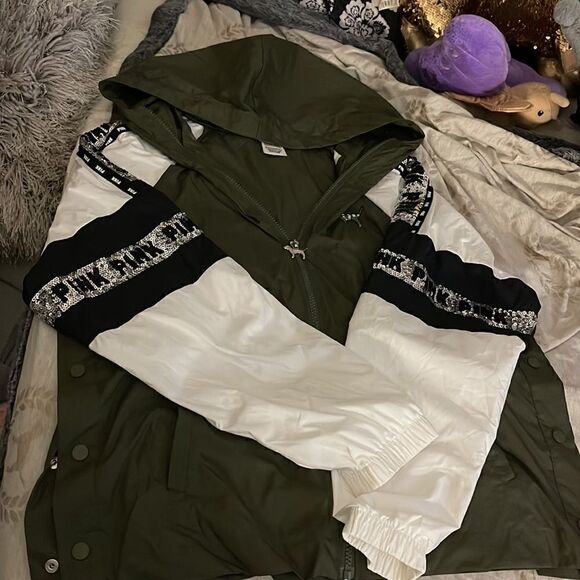 Olive XS/Small Vs PINK bling full zip hooded anorak windbreaker spring jacket - Picture 1 of 12